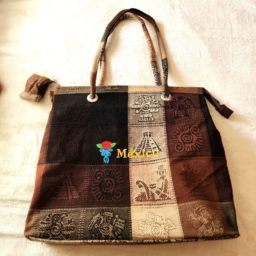 Textured Zippered Closure Large Route Tote Bag Embroidered "Mexico"